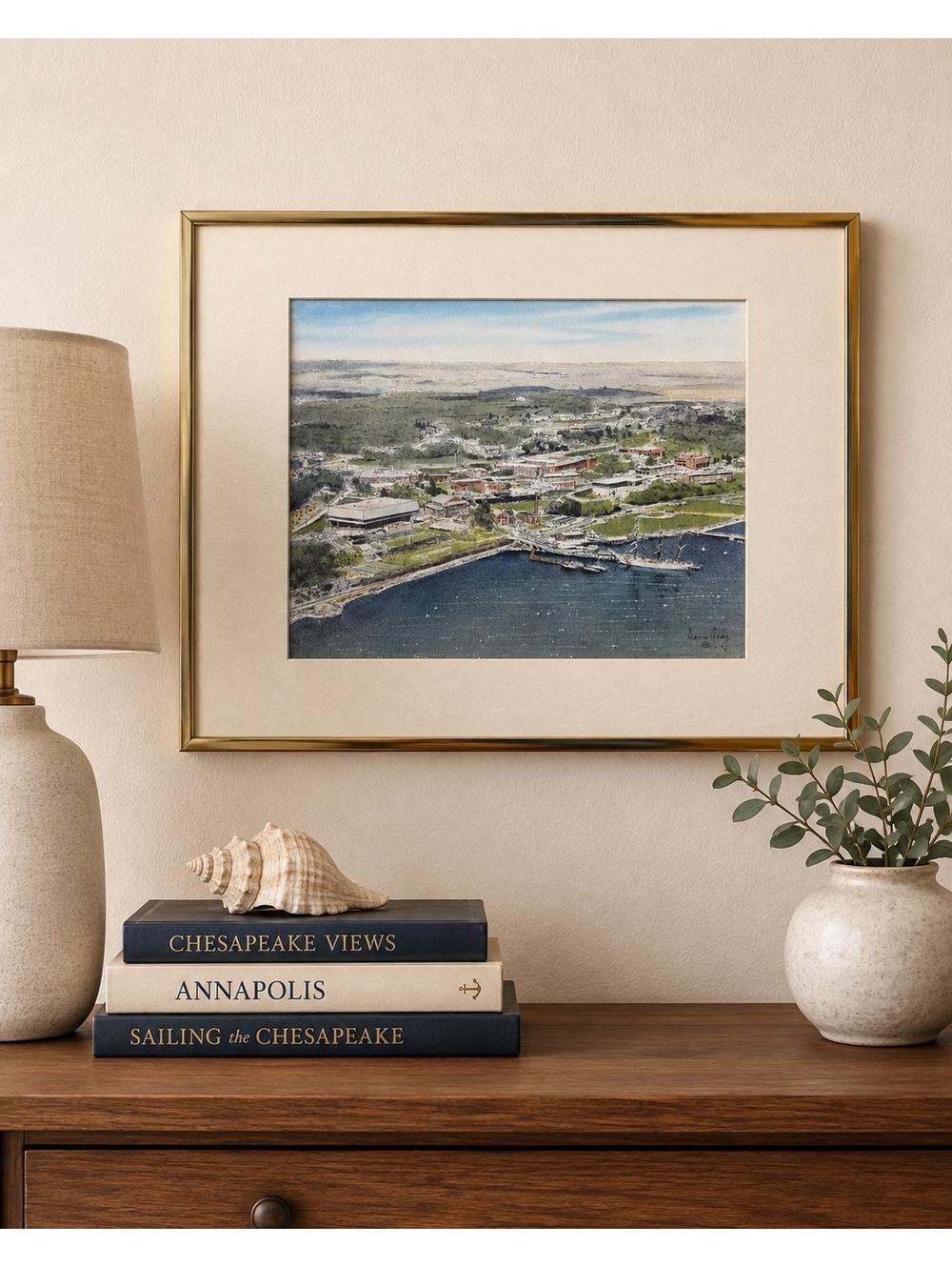 Vintage Davis Gray US Naval Academy Annapolis Watercolor Severn River Framed